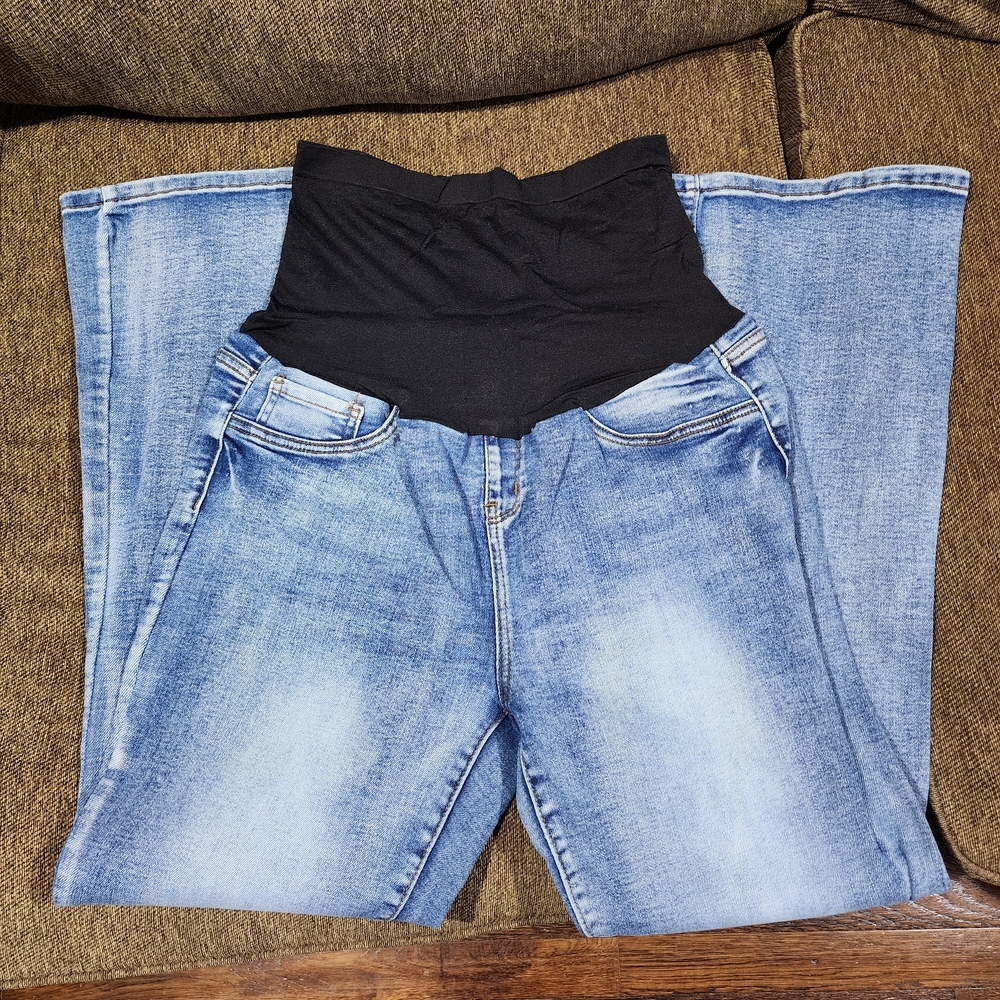Chic Blue Flare Jeans with Black Waistband